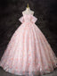 A-Line Off Shoulder Tulle Lace Pink Long Prom Dress, Pink Sweet 16 Dress