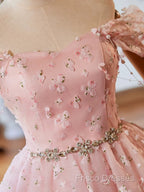 A-Line Off Shoulder Tulle Lace Pink Short Formal Prom Dress, Pink Homecoming Dress