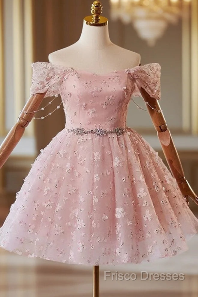 A-Line Off Shoulder Tulle Lace Pink Short Formal Prom Dress, Pink Homecoming Dress Main image