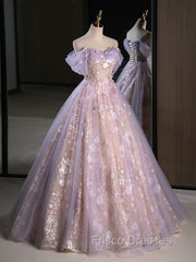 A-Line Off Shoulder Tulle Lace Purple Long Formal Prom Dress, Purple Formal Dress