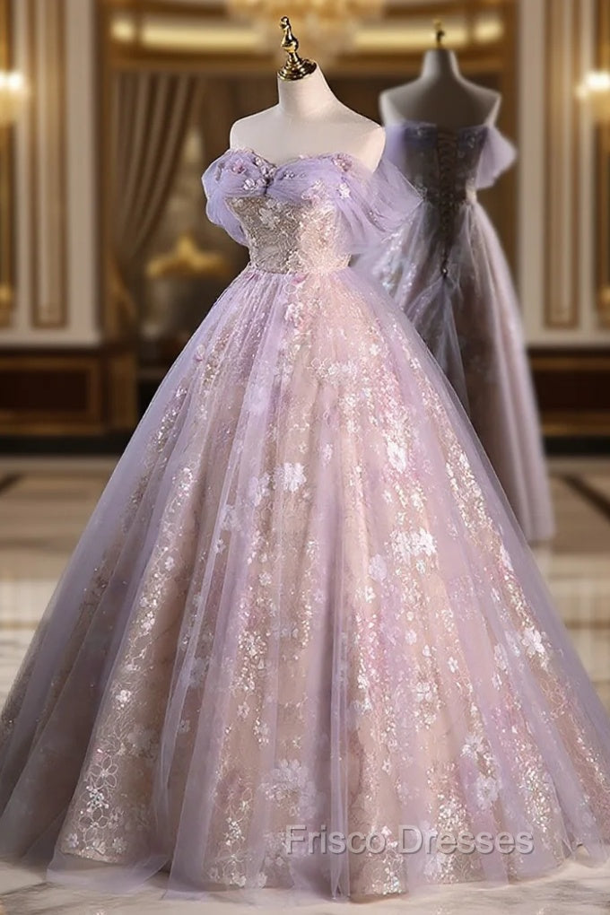 A-Line Off Shoulder Tulle Lace Purple Long Formal Prom Dress, Purple Formal Dress