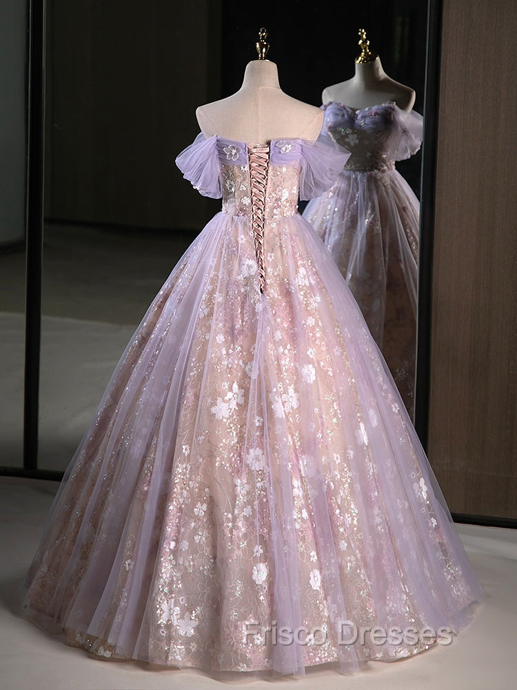 A-Line Off Shoulder Tulle Lace Purple Long Formal Prom Dress, Purple Formal Dress