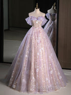 A-Line Off Shoulder Tulle Lace Purple Long Formal Prom Dress, Purple Formal Dress