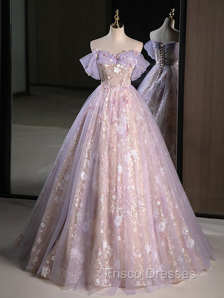 A-Line Off Shoulder Tulle Lace Purple Long Formal Prom Dress, Purple Formal Dress