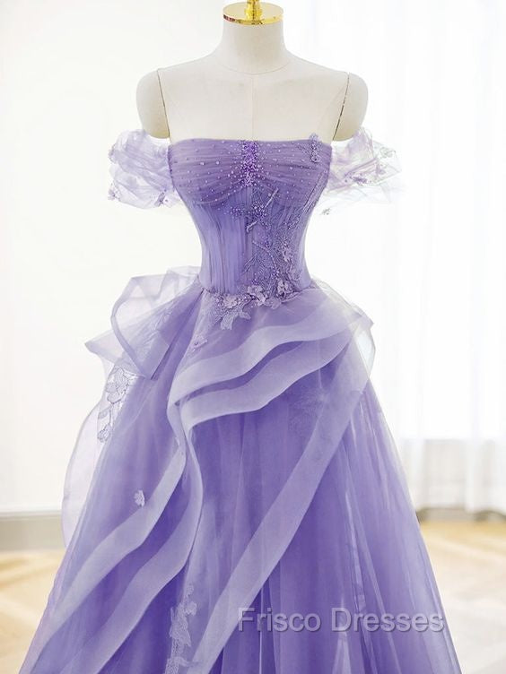 A-Line Off Shoulder Tulle Lace Purple Long Formal Prom Dress, Purple Lace Long Formal Dress Secondary image