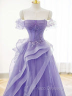 A-Line Off Shoulder Tulle Lace Purple Long Formal Prom Dress, Purple Lace Long Formal Dress