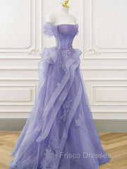 A-Line Off Shoulder Tulle Lace Purple Long Formal Prom Dress, Purple Lace Long Formal Dress