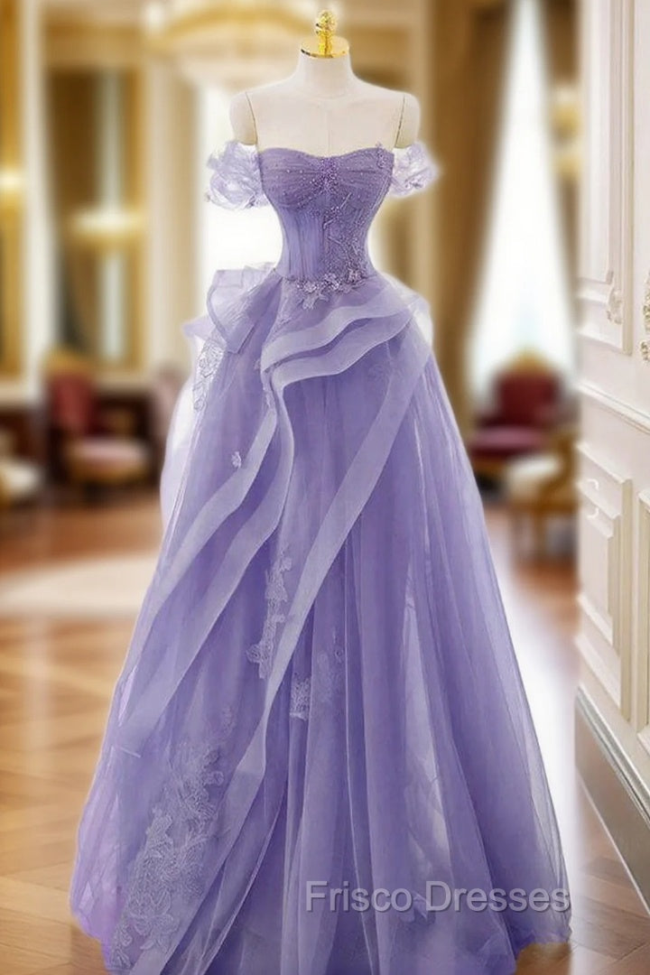 A-Line Off Shoulder Tulle Lace Purple Long Formal Prom Dress, Purple Lace Long Formal Dress Main image