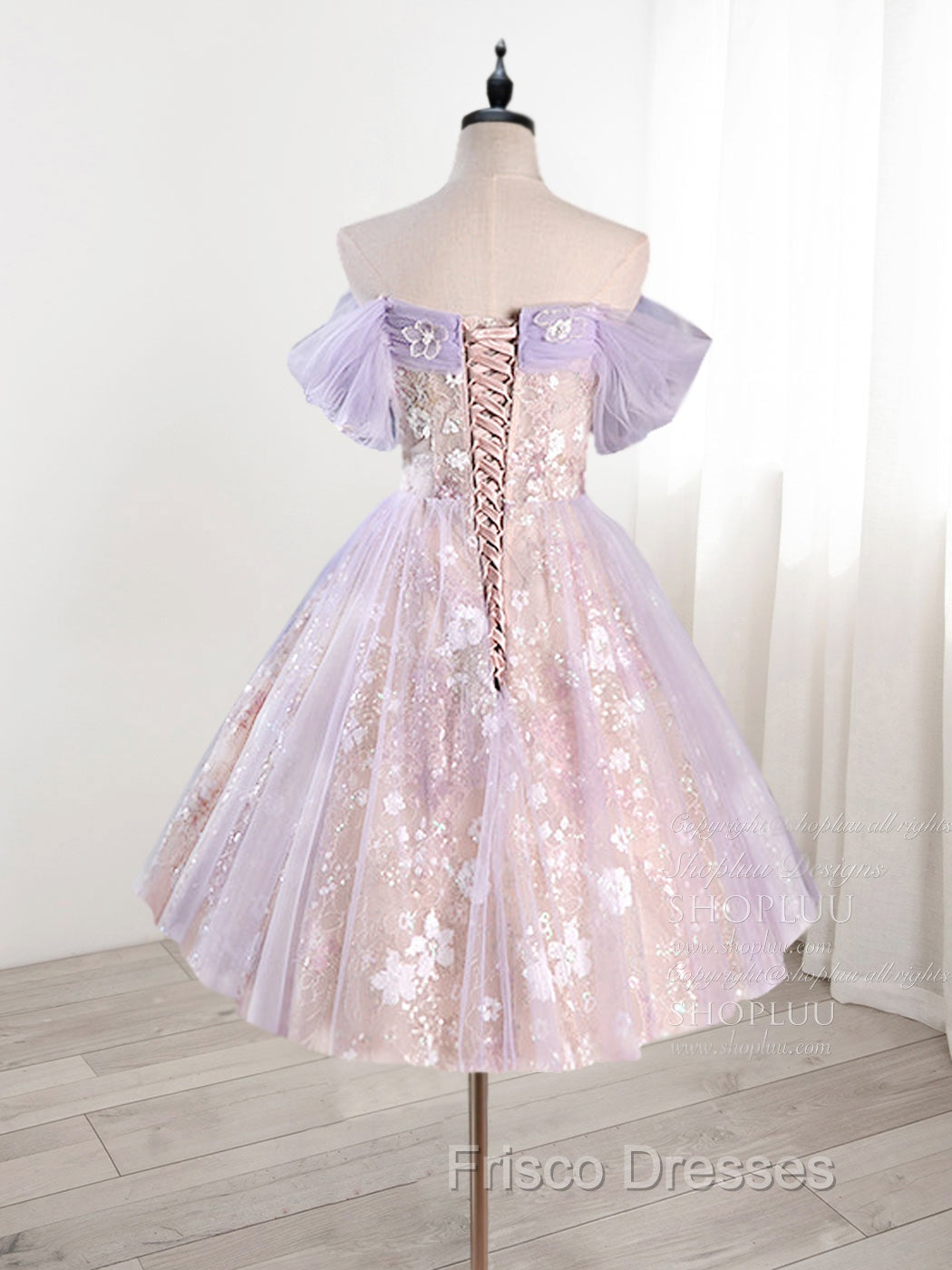 A-Line Off Shoulder Tulle Lace Purple Short Formal Prom Dress, Cute Purple Homecoming Dress Secondary image