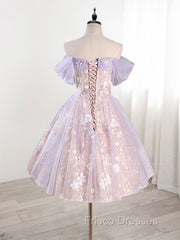 A-Line Off Shoulder Tulle Lace Purple Short Formal Prom Dress, Cute Purple Homecoming Dress