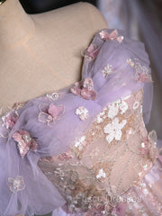 A-Line Off Shoulder Tulle Lace Purple Short Formal Prom Dress, Cute Purple Homecoming Dress