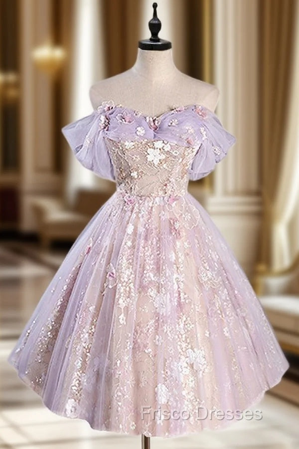 A-Line Off Shoulder Tulle Lace Purple Short Formal Prom Dress, Cute Purple Homecoming Dress Main image