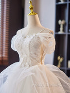 A-Line Off Shoulder Tulle Lace Short Formal Prom Dress, White Homecoming Dress