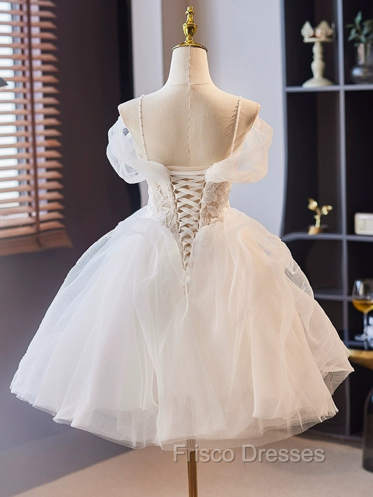A-Line Off Shoulder Tulle Lace Short Formal Prom Dress, White Homecoming Dress