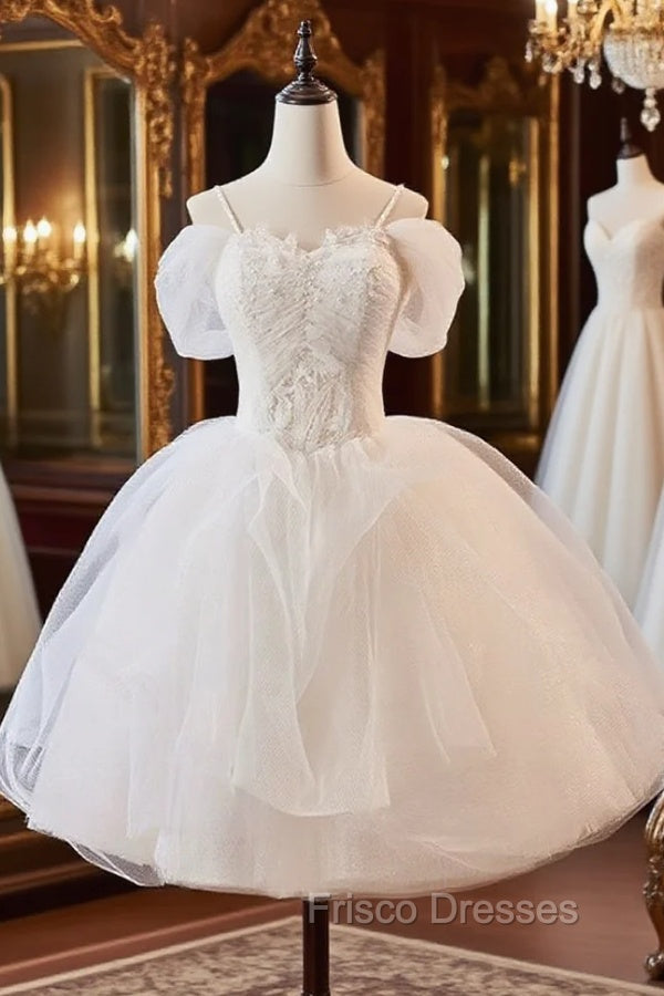 A-Line Off Shoulder Tulle Lace Short Formal Prom Dress, White Homecoming Dress Main image