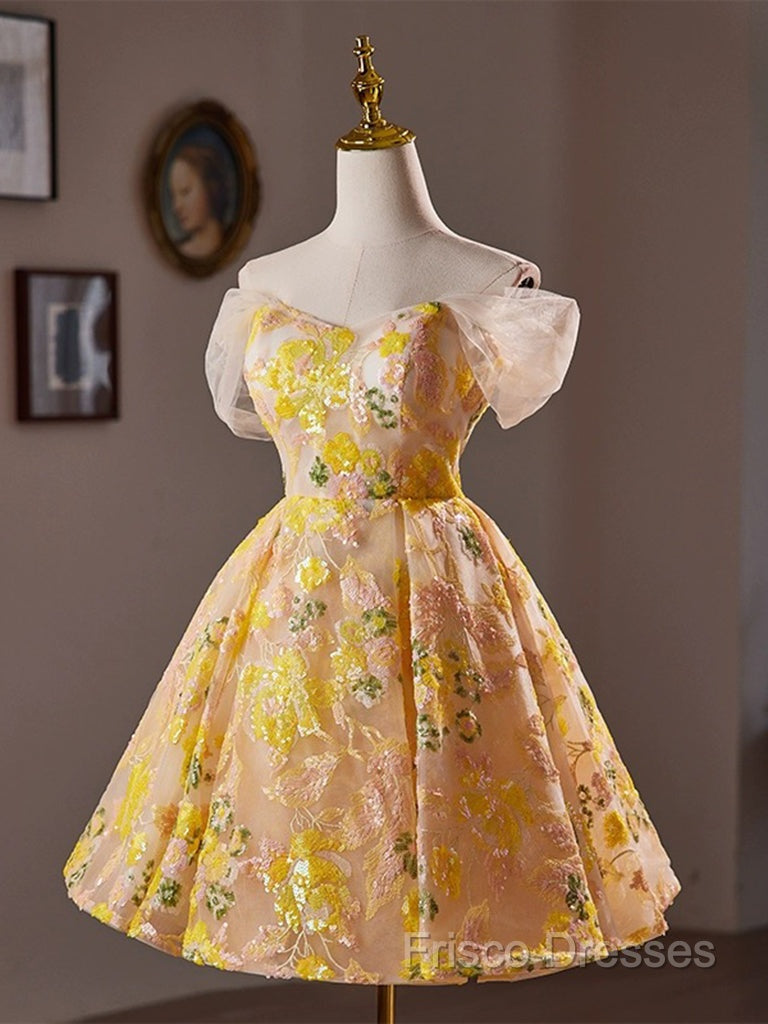 A-Line Off Shoulder Tulle Lace Short Yellow Formal Prom Dress, Yellow Homecoming Dress Secondary image