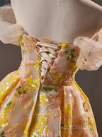 A-Line Off Shoulder Tulle Lace Short Yellow Formal Prom Dress, Yellow Homecoming Dress