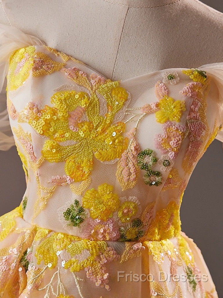 A-Line Off Shoulder Tulle Lace Short Yellow Formal Prom Dress, Yellow Homecoming Dress