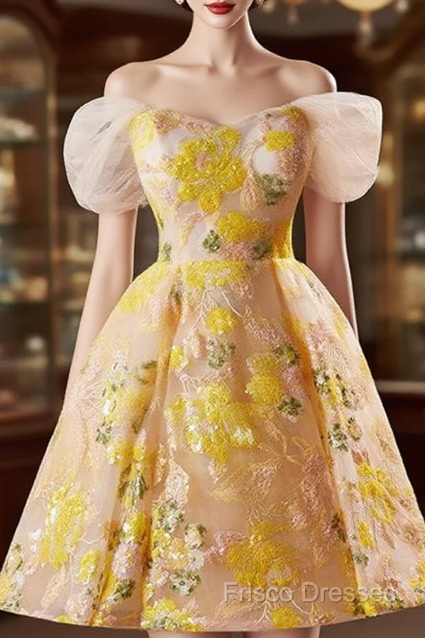 A-Line Off Shoulder Tulle Lace Short Yellow Formal Prom Dress, Yellow Homecoming Dress Main image