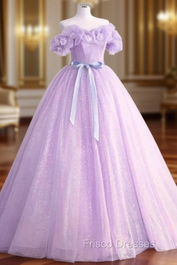 A-Line Off Shoulder Tulle Lavender Long Formal Prom Dress
