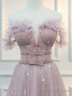 A-Line  Off Shoulder Tulle Pink Long Prom Dress, Pink Graduation Dress With Beads