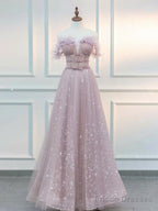 A-Line  Off Shoulder Tulle Pink Long Prom Dress, Pink Graduation Dress With Beads