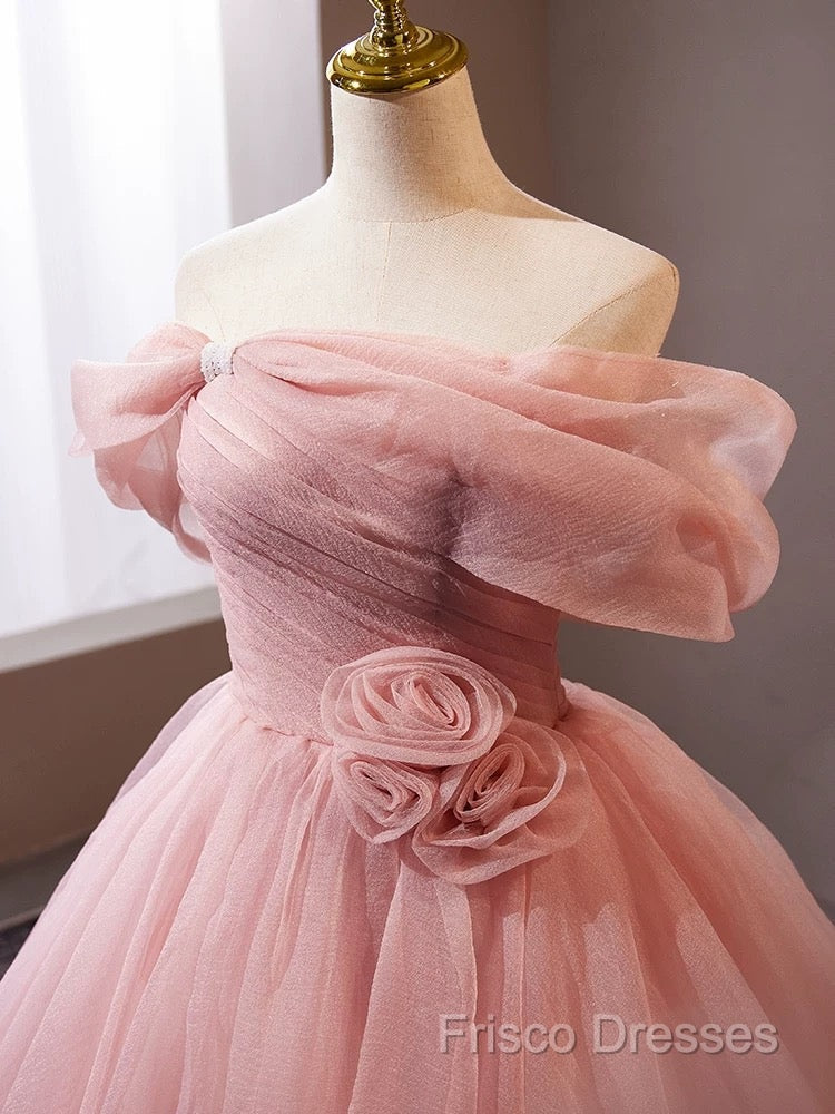 A-Line Off Shoulder Tulle Pink Long Formal Prom Dress, Pink Long Formal Dress