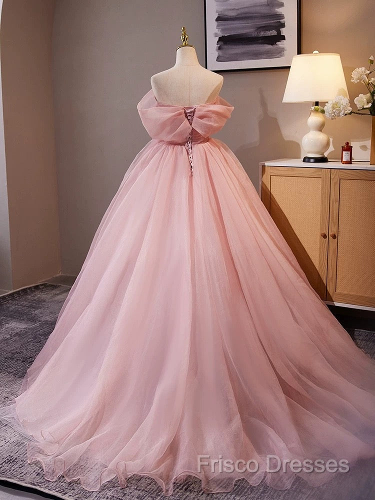 A-Line Off Shoulder Tulle Pink Long Formal Prom Dress, Pink Long Formal Dress