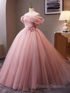 A-Line Off Shoulder Tulle Pink Long Formal Prom Dress, Pink Long Formal Dress