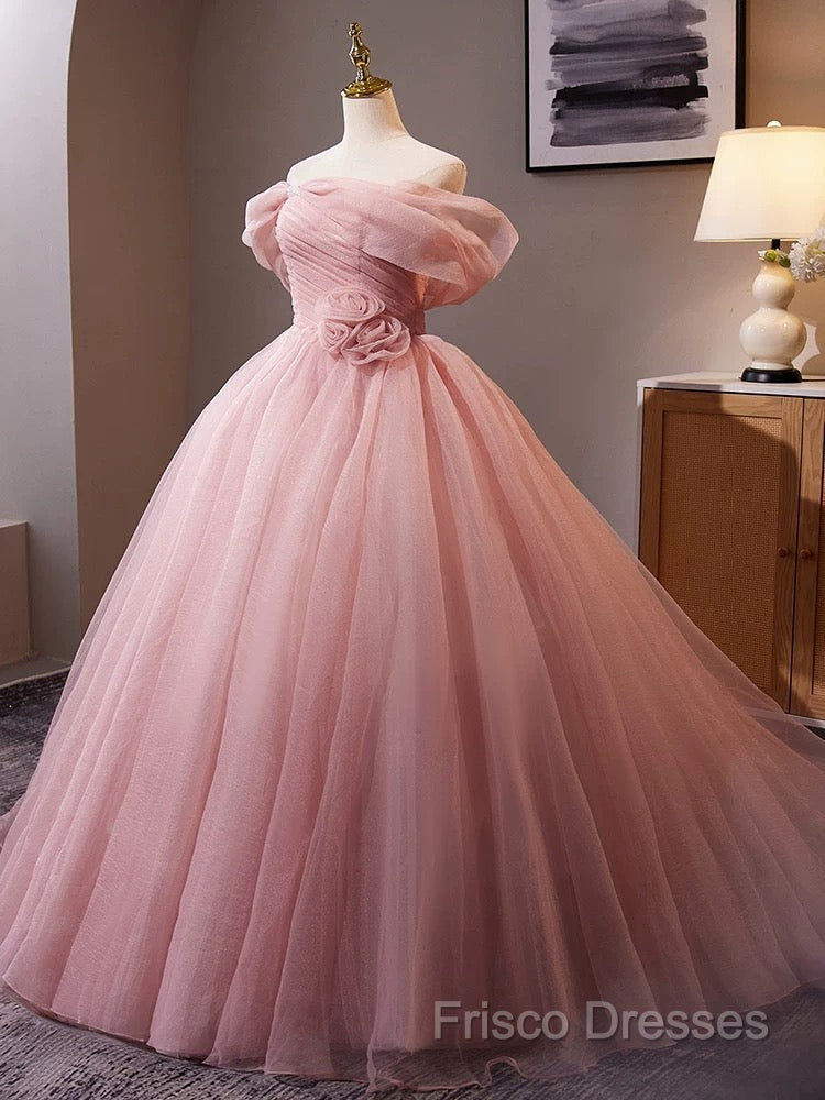 A-Line Off Shoulder Tulle Pink Long Formal Prom Dress, Pink Long Formal Dress