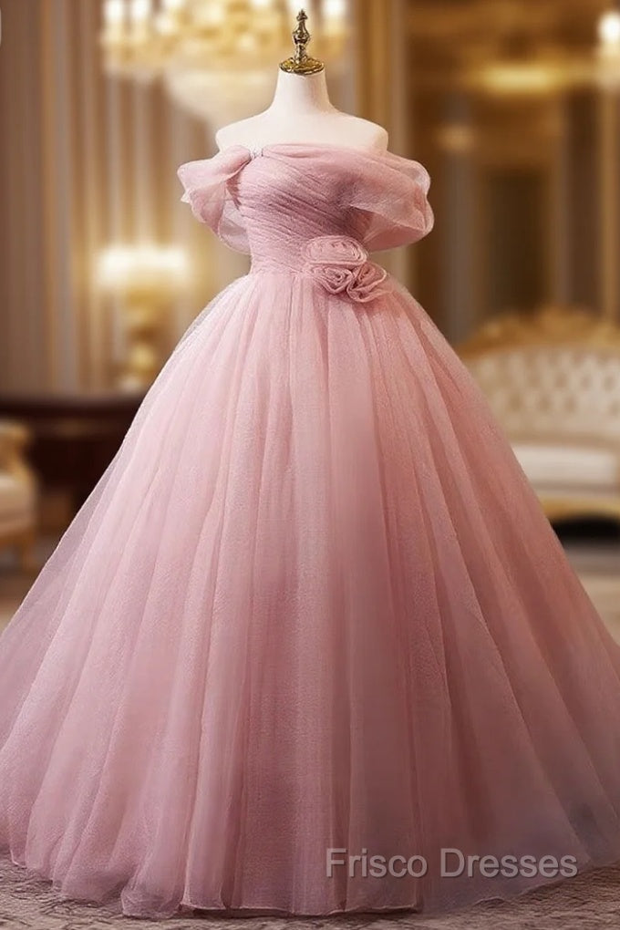 A-Line Off Shoulder Tulle Pink Long Formal Prom Dress, Pink Long Formal Dress Main image
