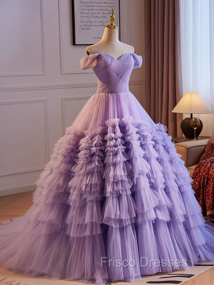 A-Line Off Shoulder Tulle Purple Long Formal Prom Dress, Purple Long Evening Dress