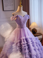 A-Line Off Shoulder Tulle Purple Long Formal Prom Dress, Purple Long Evening Dress