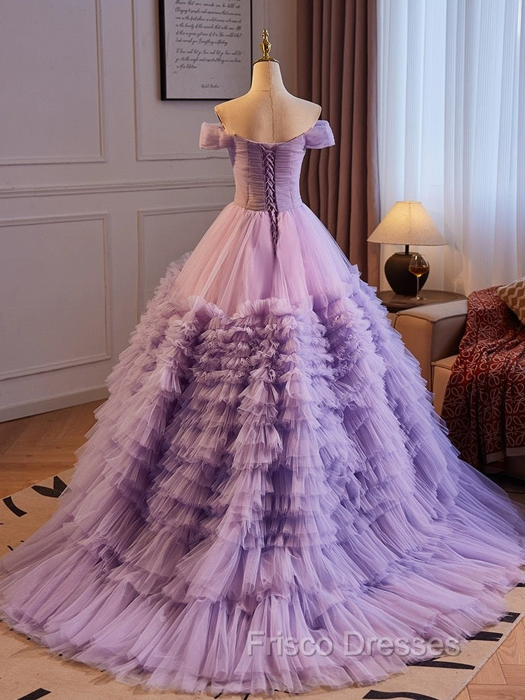 A-Line Off Shoulder Tulle Purple Long Formal Prom Dress, Purple Long Evening Dress