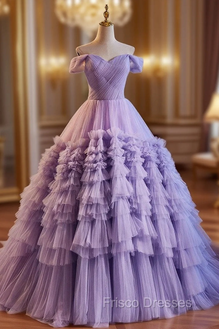 A-Line Off Shoulder Tulle Purple Long Formal Prom Dress, Purple Long Evening Dress
