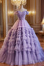 A-Line Off Shoulder Tulle Purple Long Formal Prom Dress, Purple Long Evening Dress