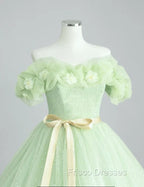 A-Line Off Shoulder Tulle Sage Green Long Formal Prom Dress