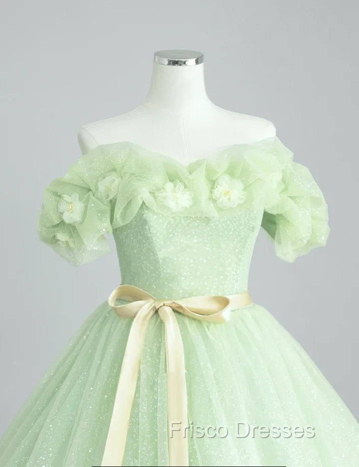 A-Line Off Shoulder Tulle Sage Green Long Formal Prom Dress
