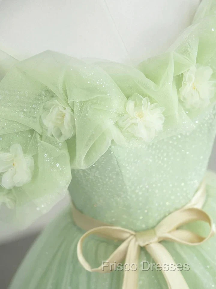 A-Line Off Shoulder Tulle Sage Green Long Formal Prom Dress