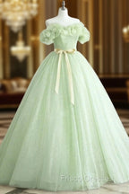 A-Line Off Shoulder Tulle Sage Green Long Formal Prom Dress