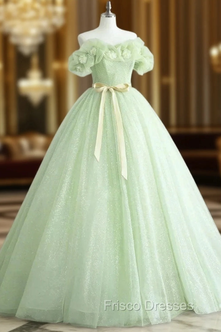 A-Line Off Shoulder Tulle Sage Green Long Formal Prom Dress