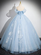 A-Line Off Shoulder Tulle Sequin Blue Long Formal Prom Dress, Blue Sweet 16 Dress