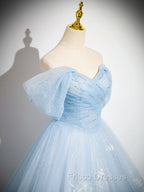 A-Line Off Shoulder Tulle Sequin Blue Long Formal Prom Dress, Blue Sweet 16 Dress