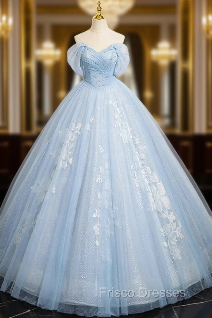 A-Line Off Shoulder Tulle Sequin Blue Long Formal Prom Dress, Blue Sweet 16 Dress Main image