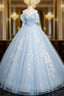 A-Line Off Shoulder Tulle Sequin Blue Long Formal Prom Dress, Blue Sweet 16 Dress