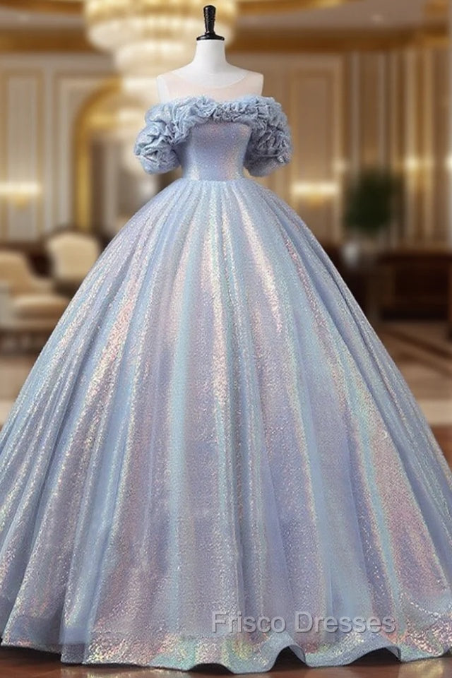 A-Line Off Shoulder Tulle Sequin Blue Purple Long Formal Prom Dress, Sequin Formal Dress