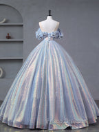 A-Line Off Shoulder Tulle Sequin Blue Purple Long Formal Prom Dress, Sequin Formal Dress