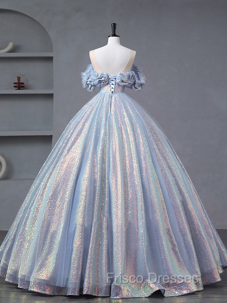 A-Line Off Shoulder Tulle Sequin Blue Purple Long Formal Prom Dress, Sequin Formal Dress