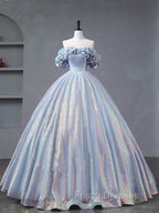 A-Line Off Shoulder Tulle Sequin Blue Purple Long Formal Prom Dress, Sequin Formal Dress