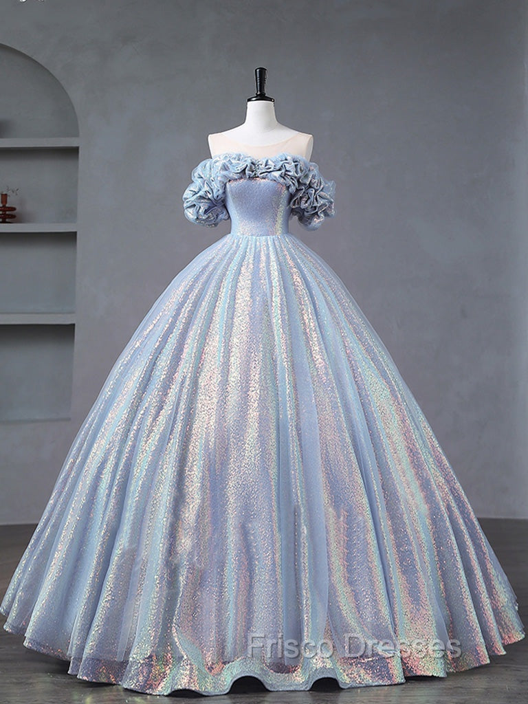 A-Line Off Shoulder Tulle Sequin Blue Purple Long Formal Prom Dress, S – Frisco Dresses